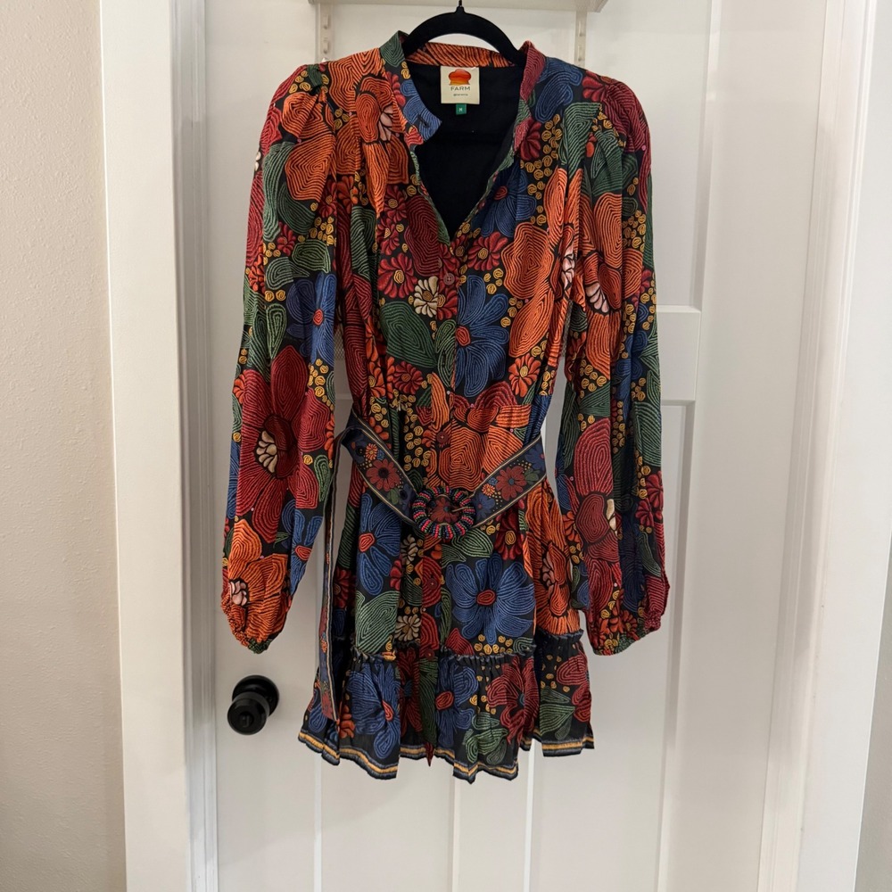 Farm Rio Black Stitched Flowers Long Sleeve Mini Dress with Beaded Belt Size M